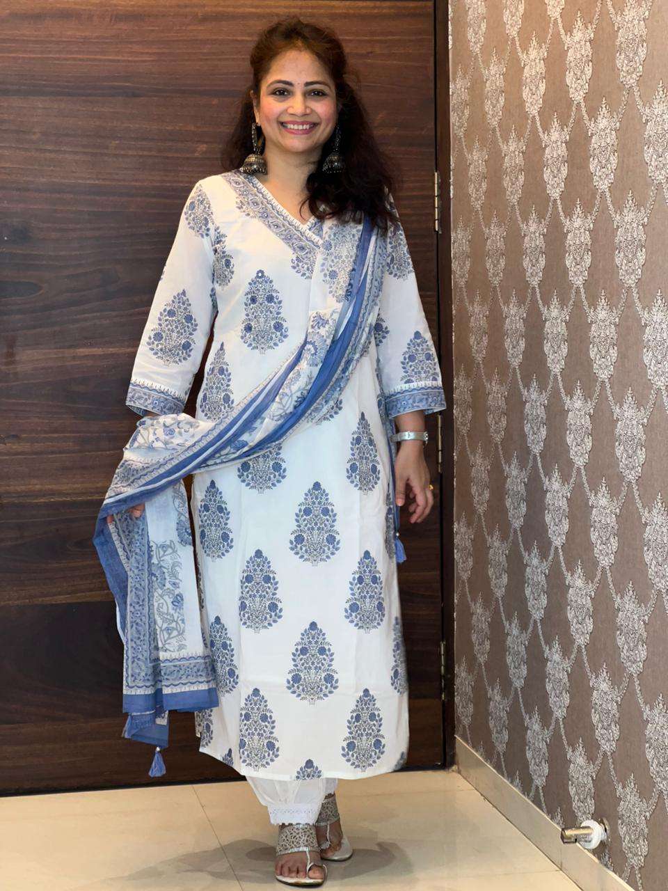 White Block-Printed Afghani 3 PC Set
