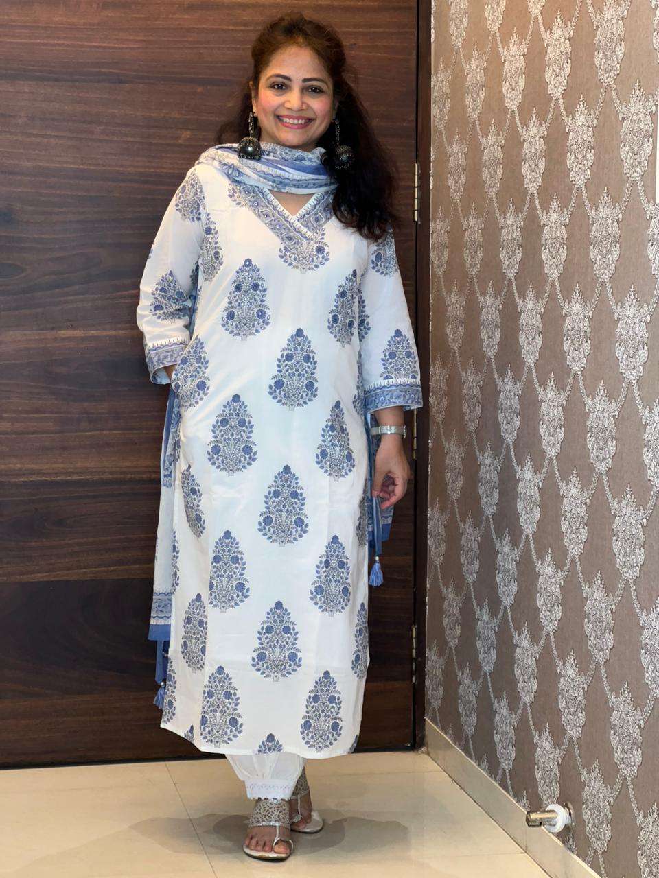 White Block-Printed Afghani 3 PC Set