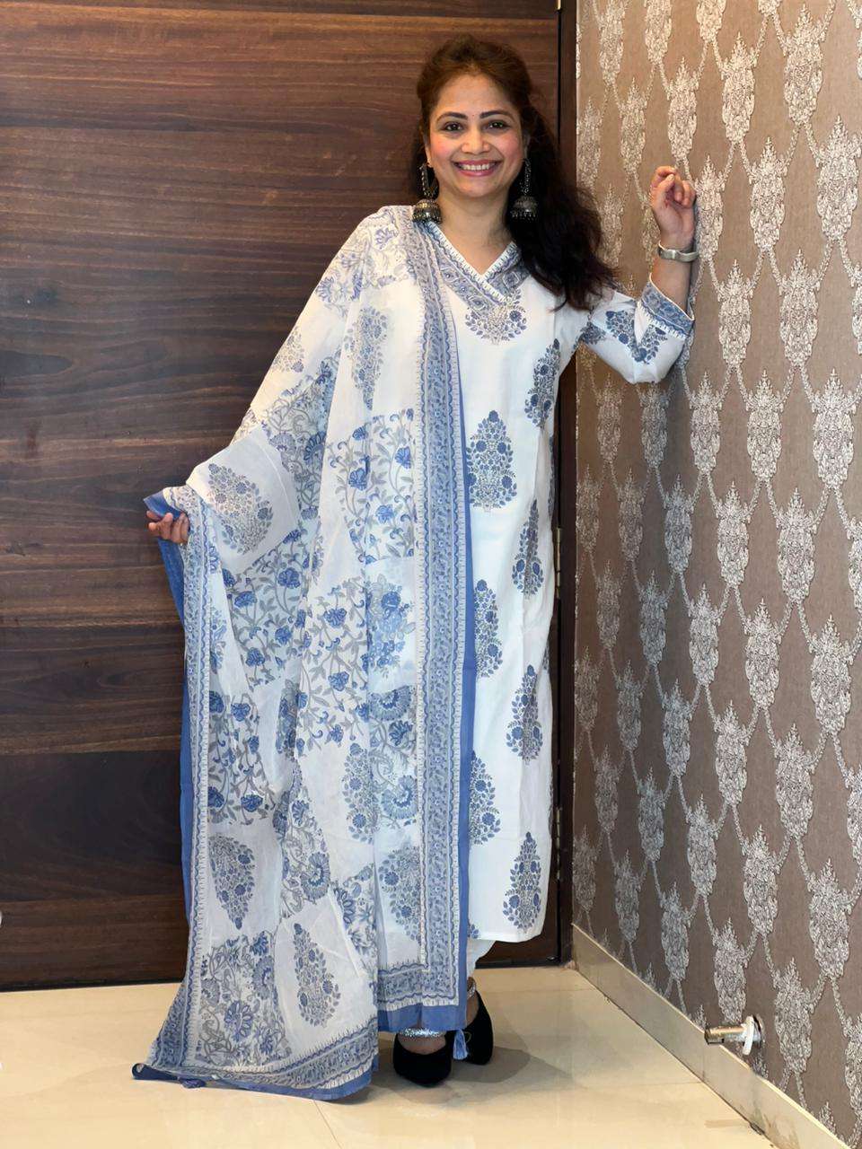 White Block-Printed Afghani 3 PC Set