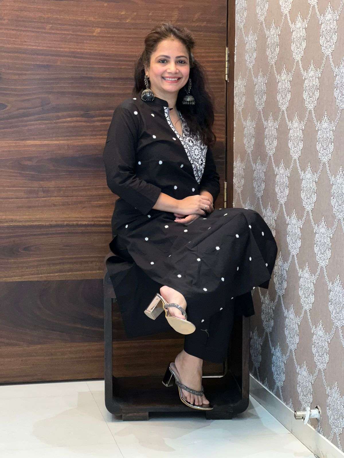 Black Colour Angrkaha Embroidered Kurti With Pants