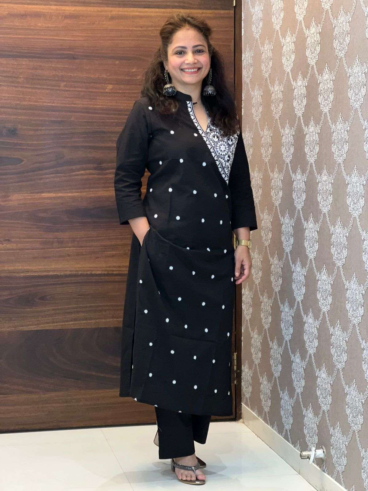 Black Colour Angrkaha Embroidered Kurti With Pants