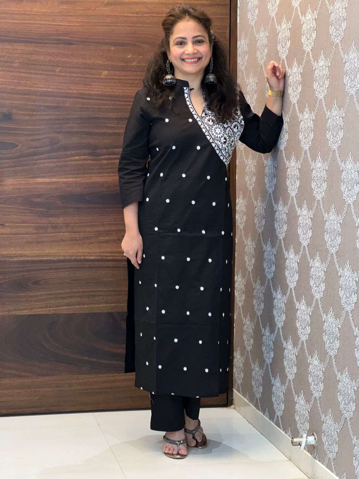 Black Colour Angrkaha Embroidered Kurti With Pants