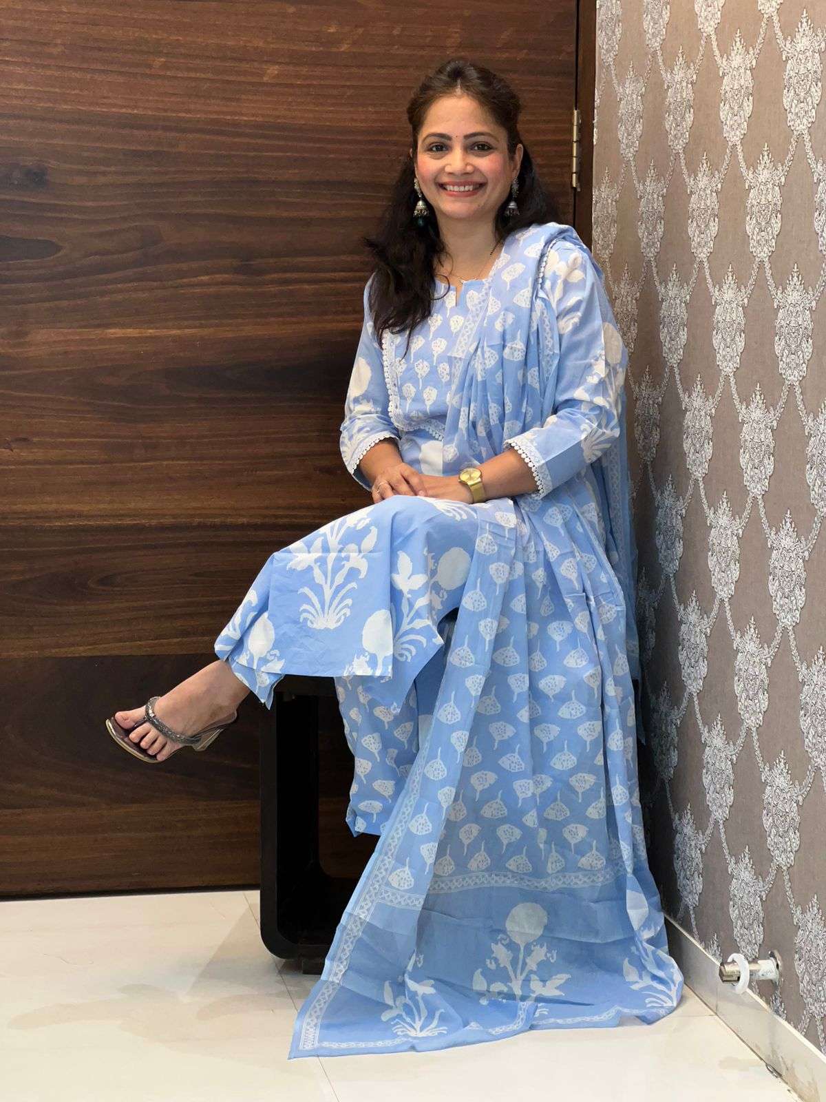 Light-Blue Color Block-Printed 3 PC Set