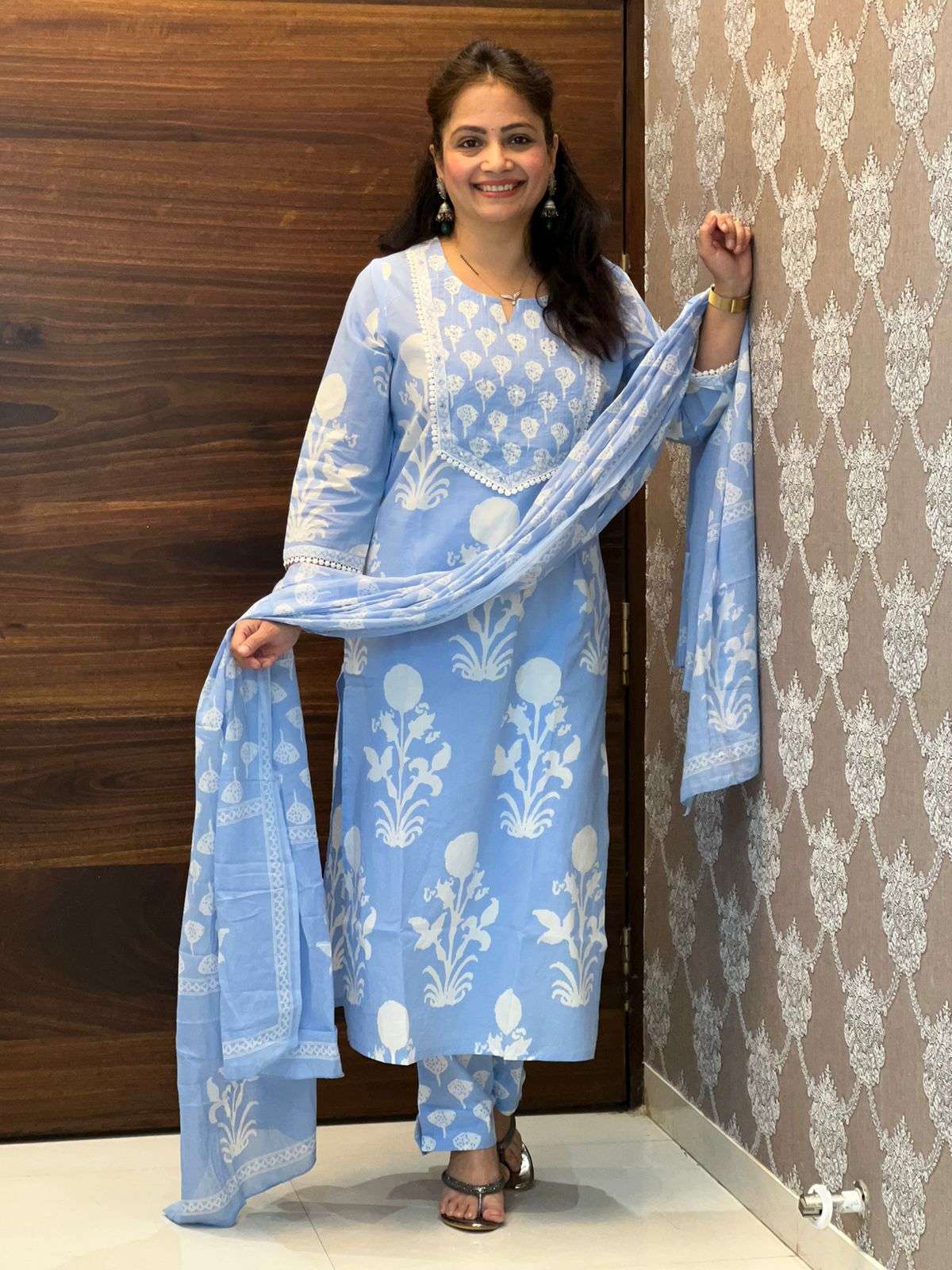 Light-Blue Color Block-Printed 3 PC Set
