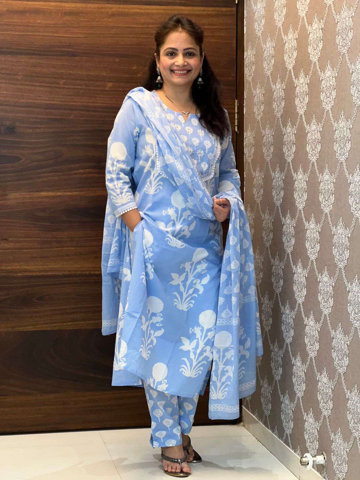 Light-Blue Color Block-Printed 3 PC Set