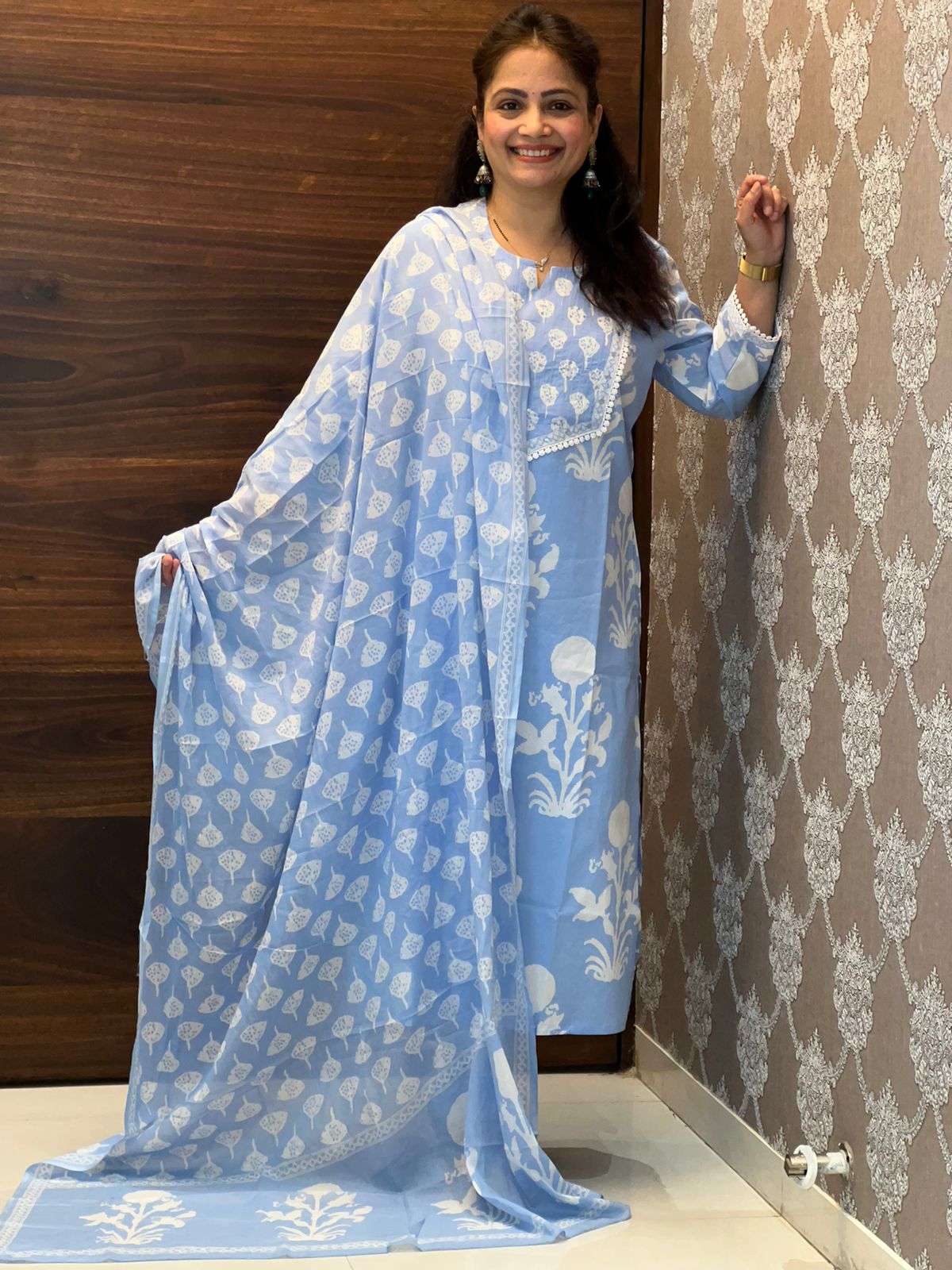 Light-Blue Color Block-Printed 3 PC Set