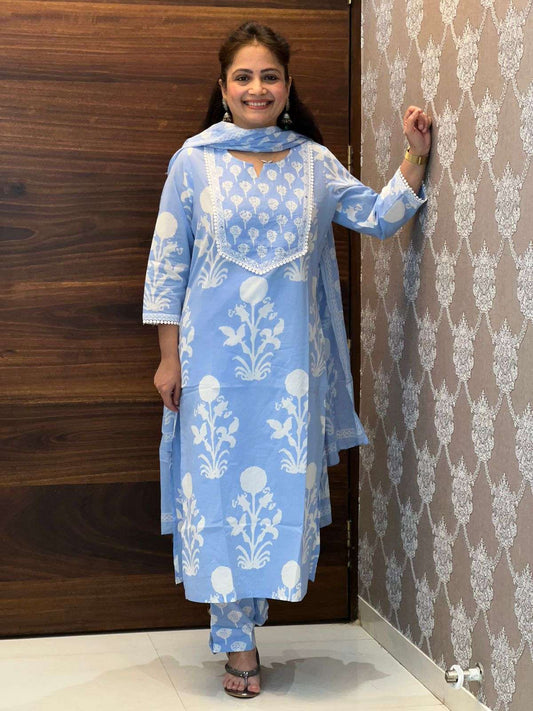 Light-Blue Color Block-Printed 3 PC Set