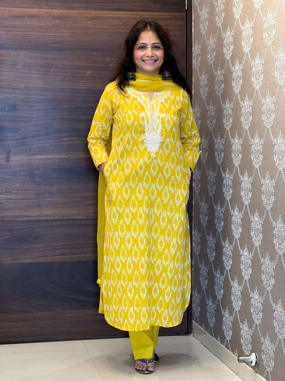 Yellow Color Pure Ikkat Dupatta Set