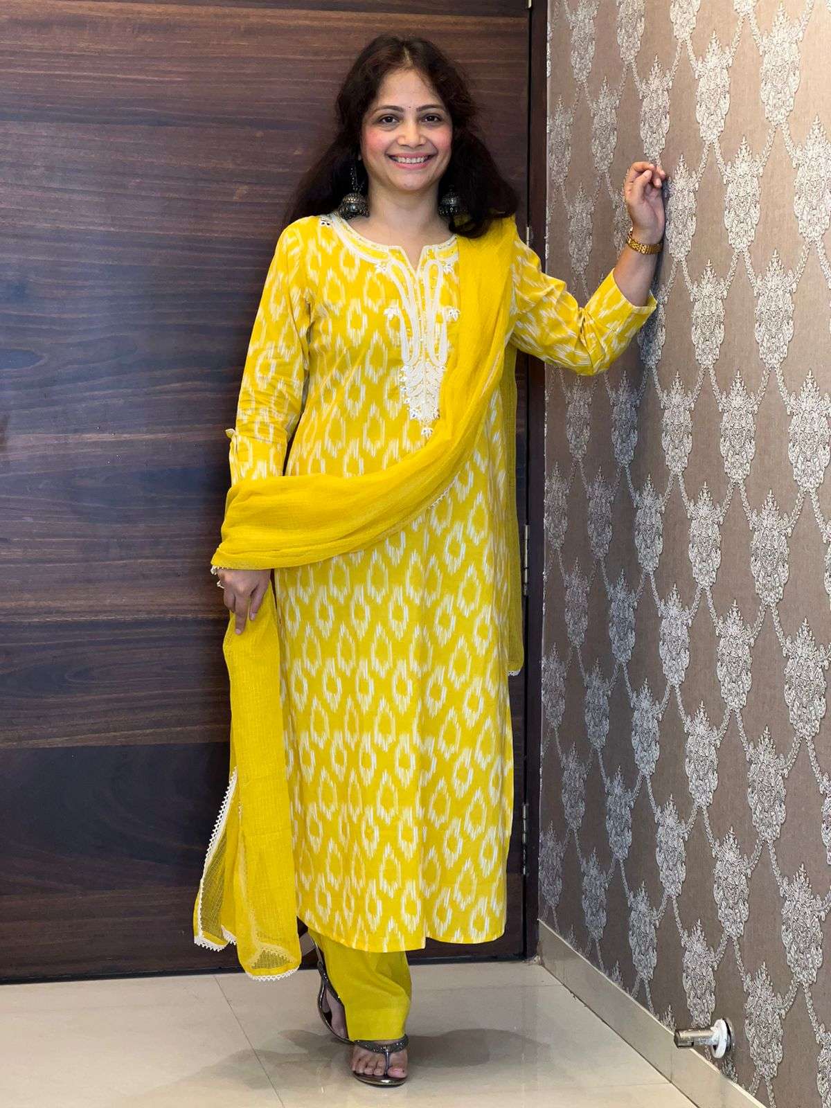 Yellow Color Pure Ikkat Dupatta Set