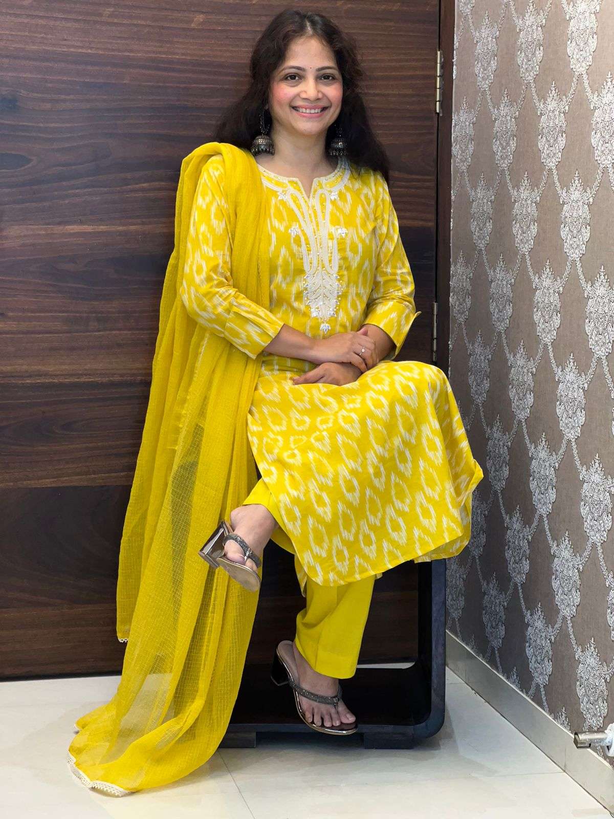 Yellow Color Pure Ikkat Dupatta Set