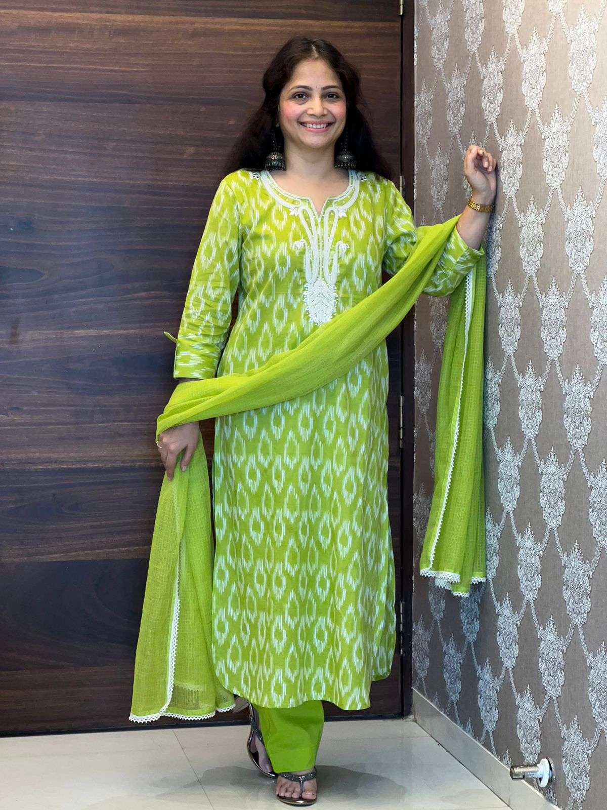 Green Color Pure Ikkat Dupatta Set