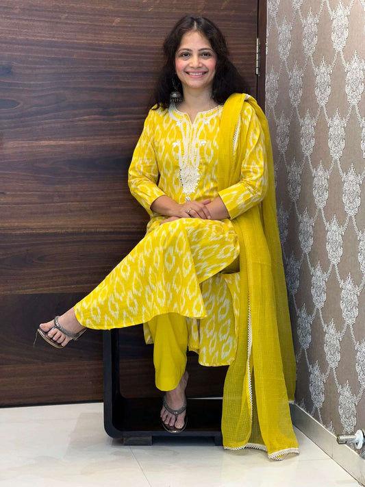 Yellow Color Pure Ikkat Dupatta Set