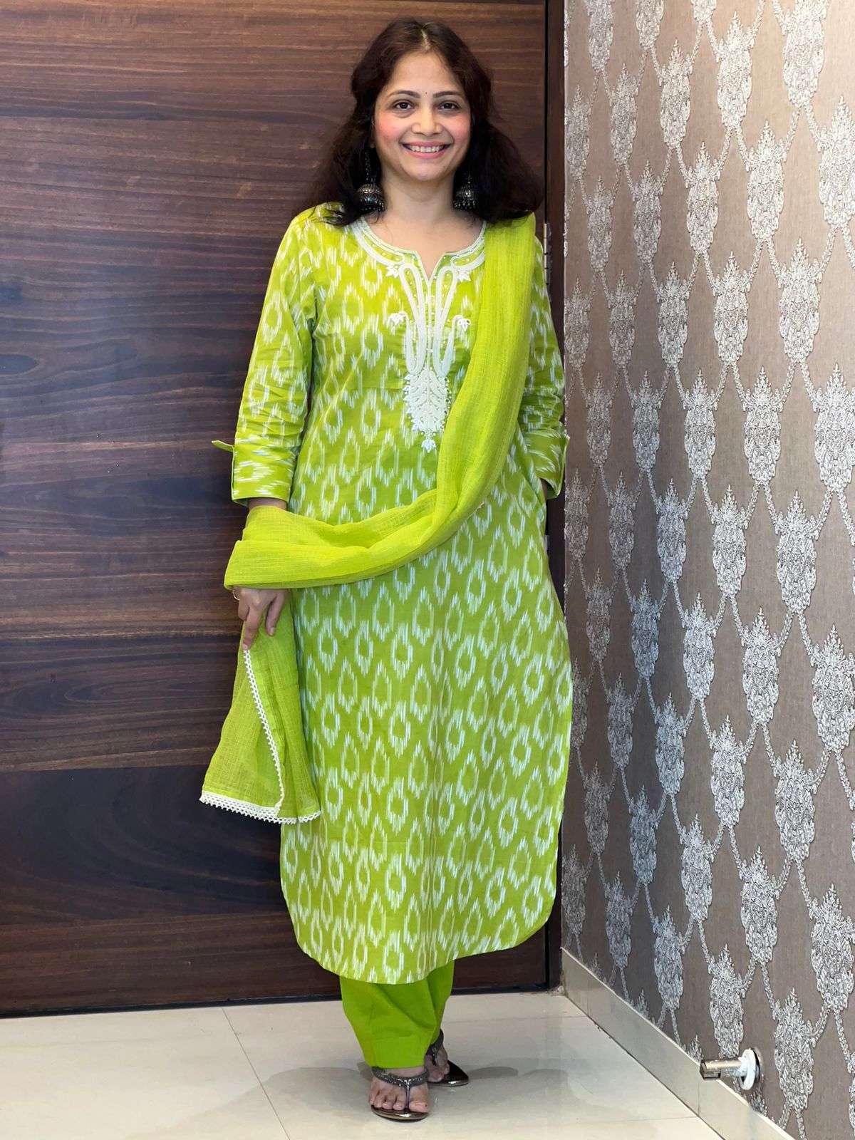 Green Color Pure Ikkat Dupatta Set