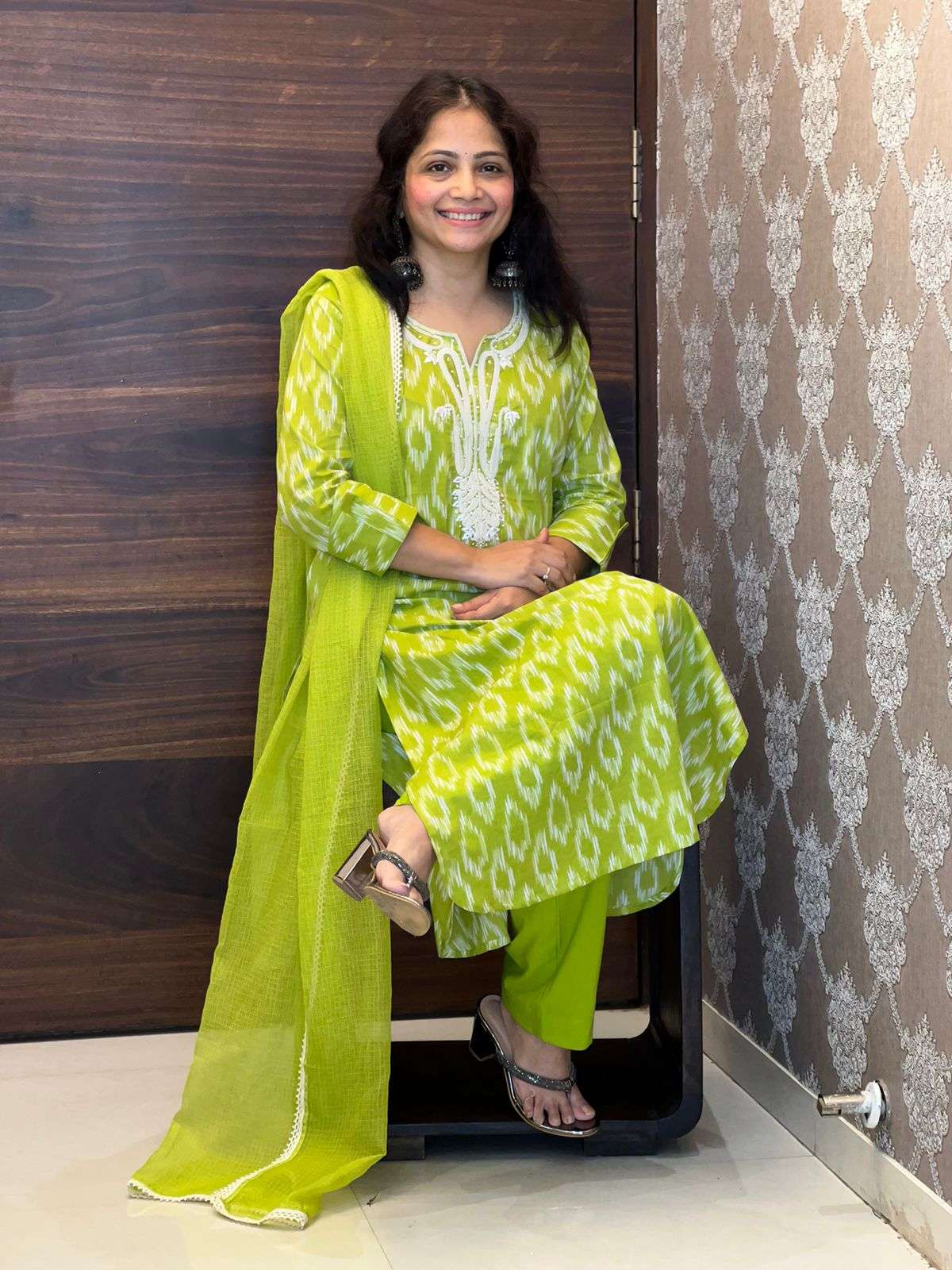 Green Color Pure Ikkat Dupatta Set
