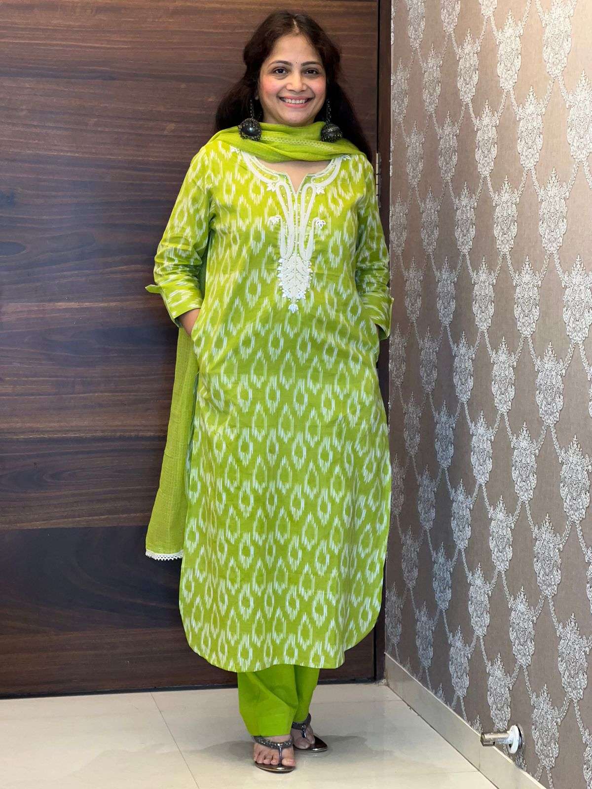 Green Color Pure Ikkat Dupatta Set