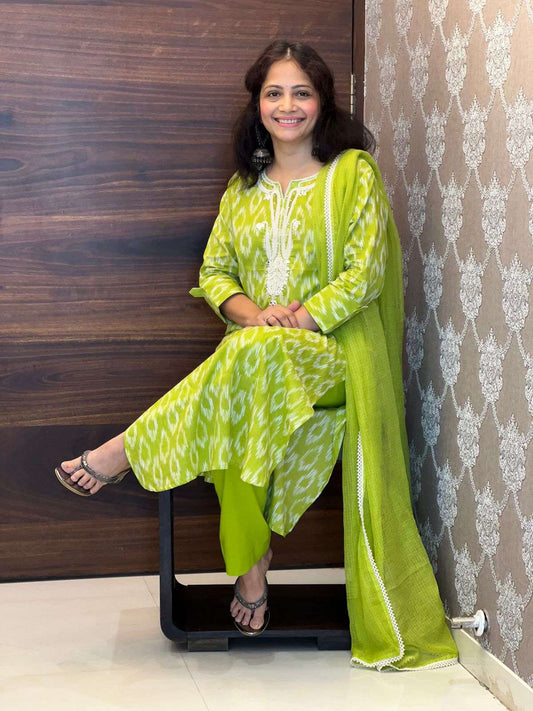 Green Color Pure Ikkat Dupatta Set