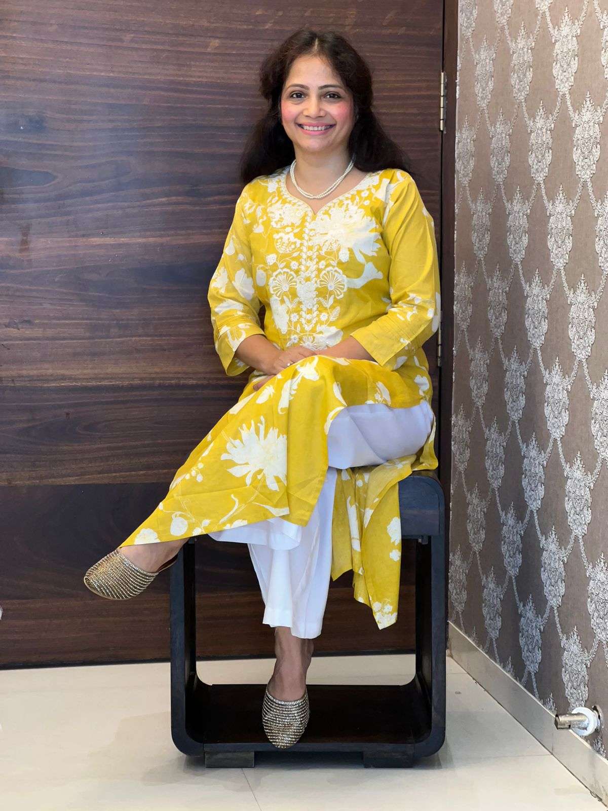 Yellow Color Mul-Cotton Chikankari Kurti