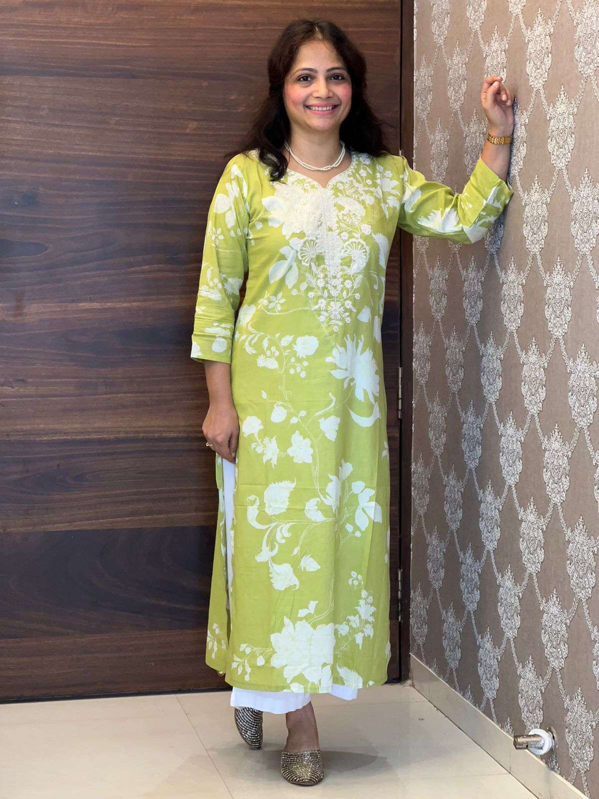 Green Color Mul-Cotton Chikankari Kurti