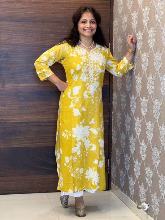 Yellow Color Mul-Cotton Chikankari Kurti