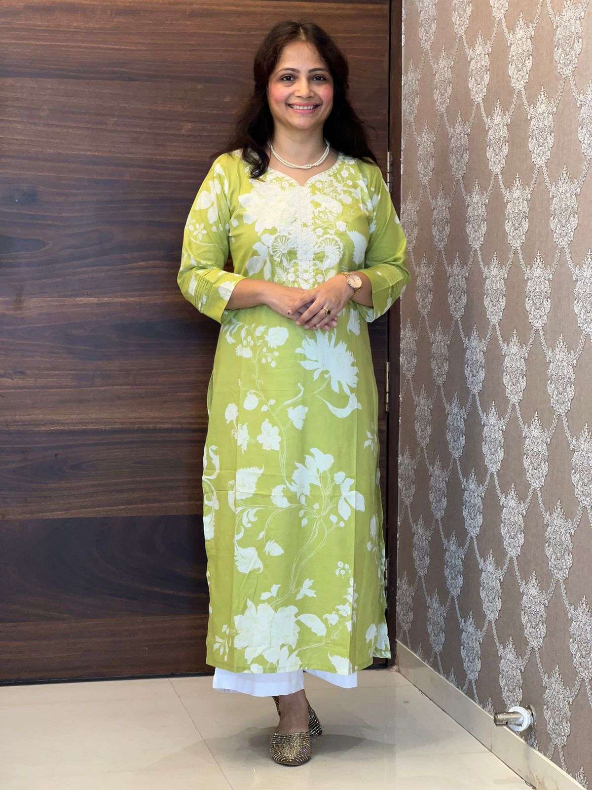 Green Color Mul-Cotton Chikankari Kurti