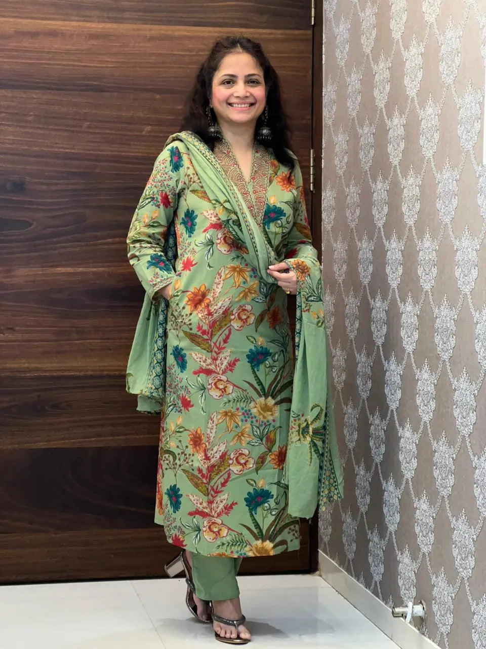 Green Floral Pure Cotton Dupatta Set