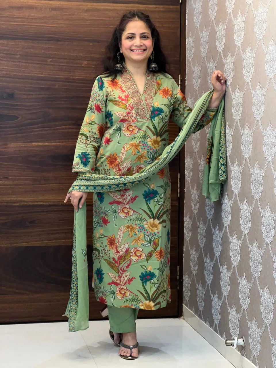 Green Floral Pure Cotton Dupatta Set
