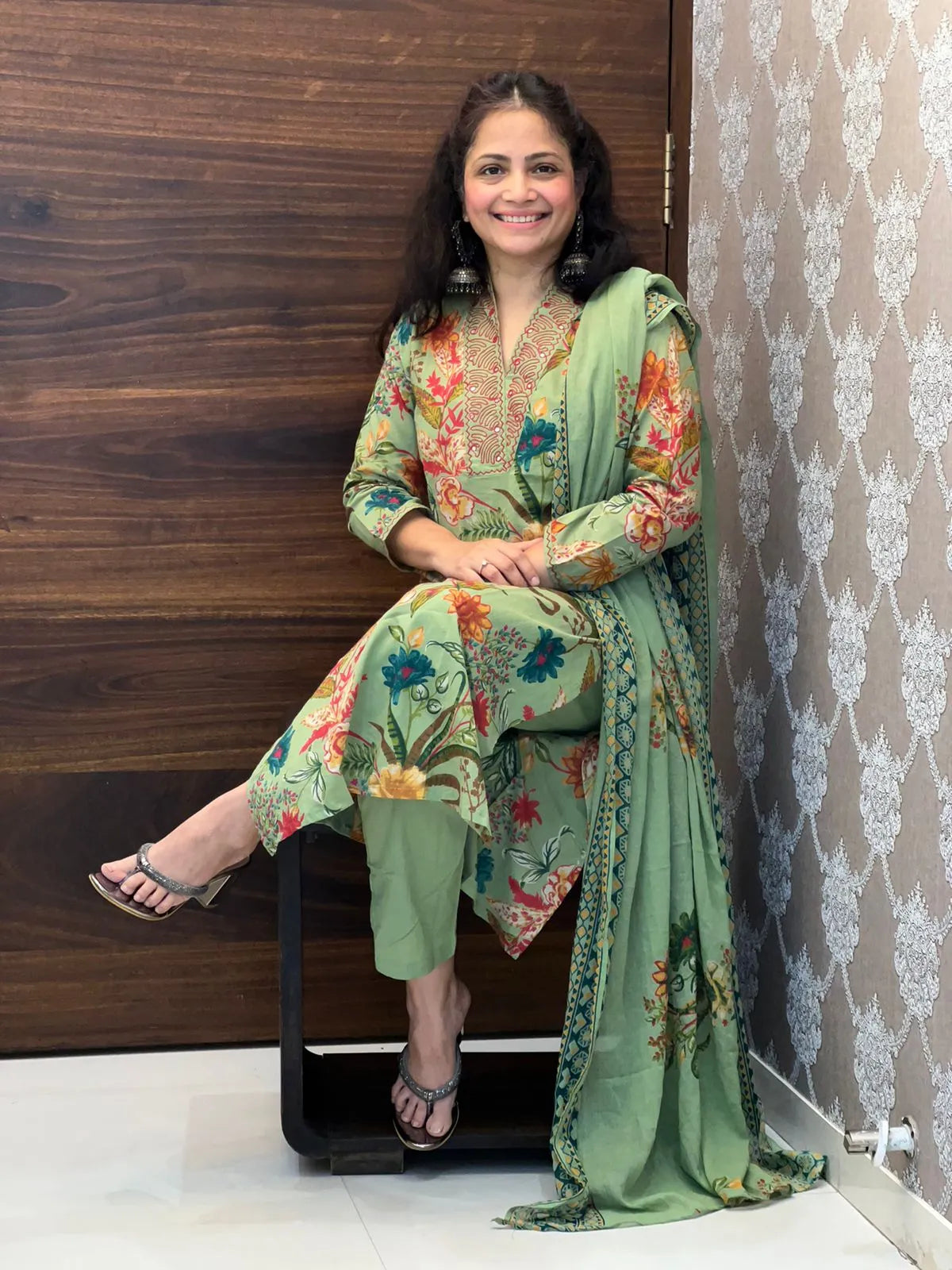 Green Floral Pure Cotton Dupatta Set