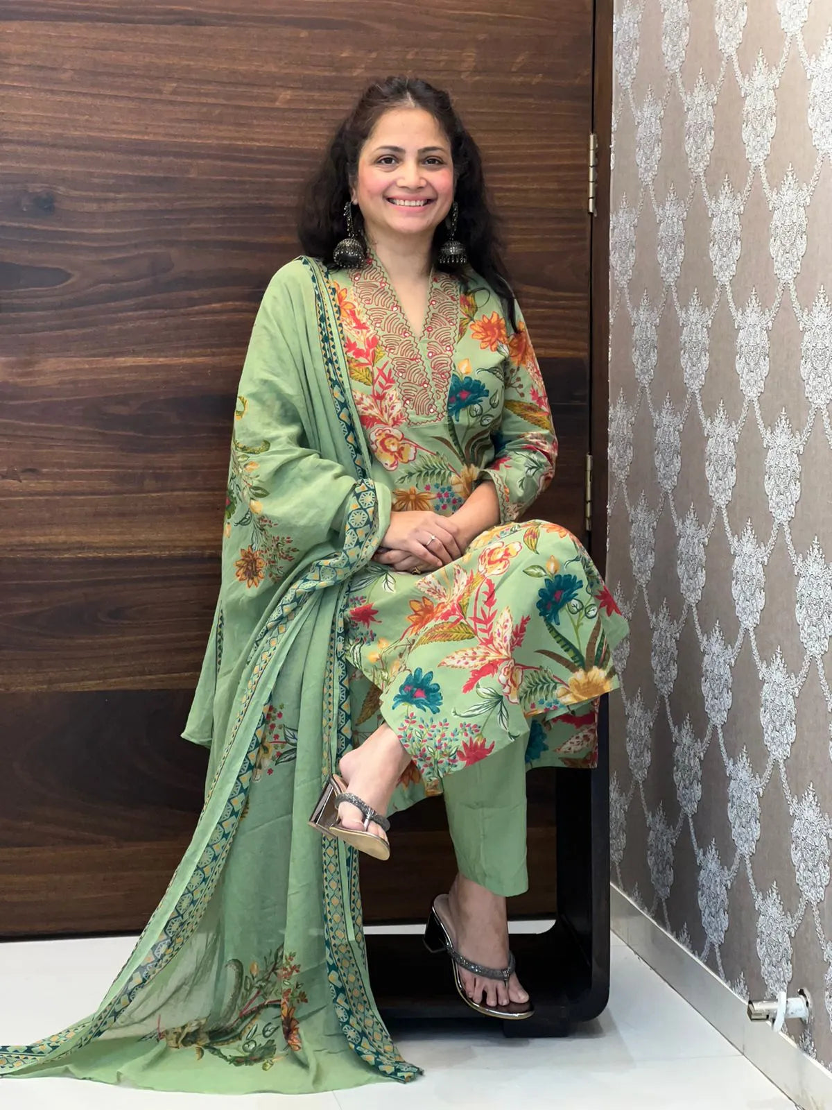 Green Floral Pure Cotton Dupatta Set