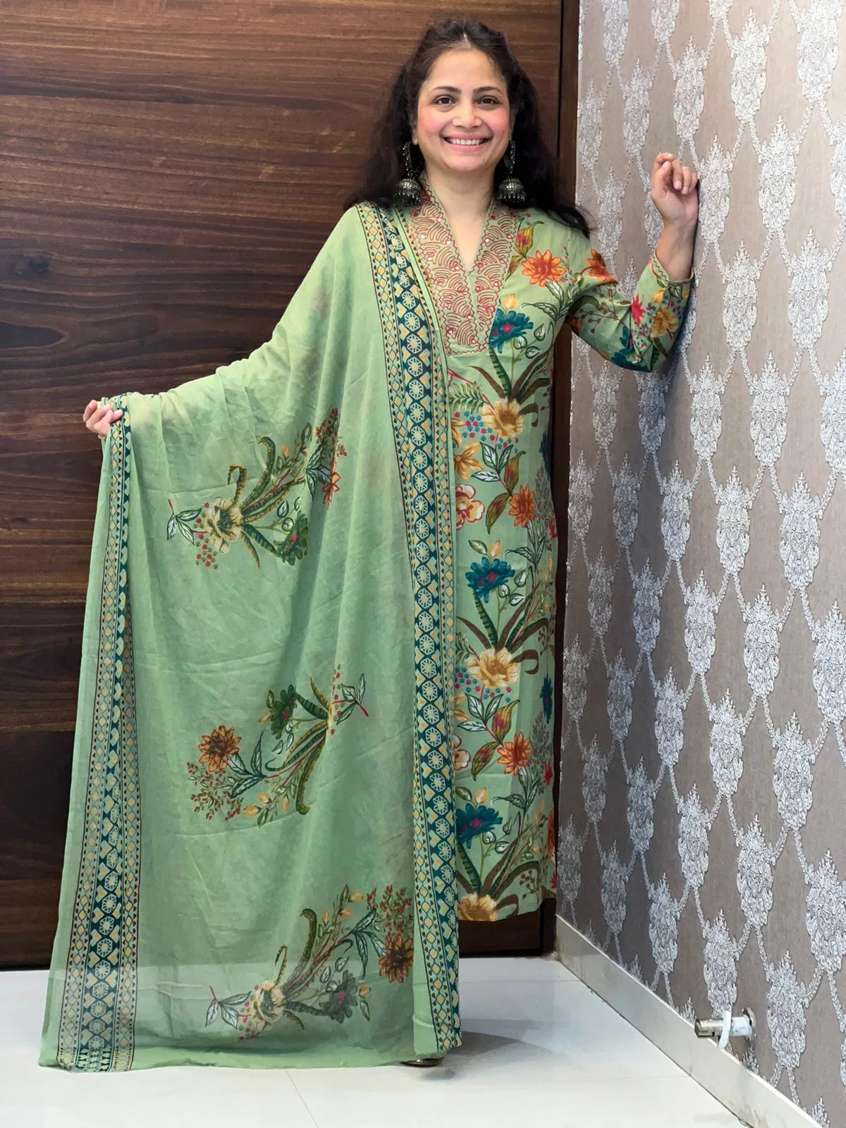 Green Floral Pure Cotton Dupatta Set