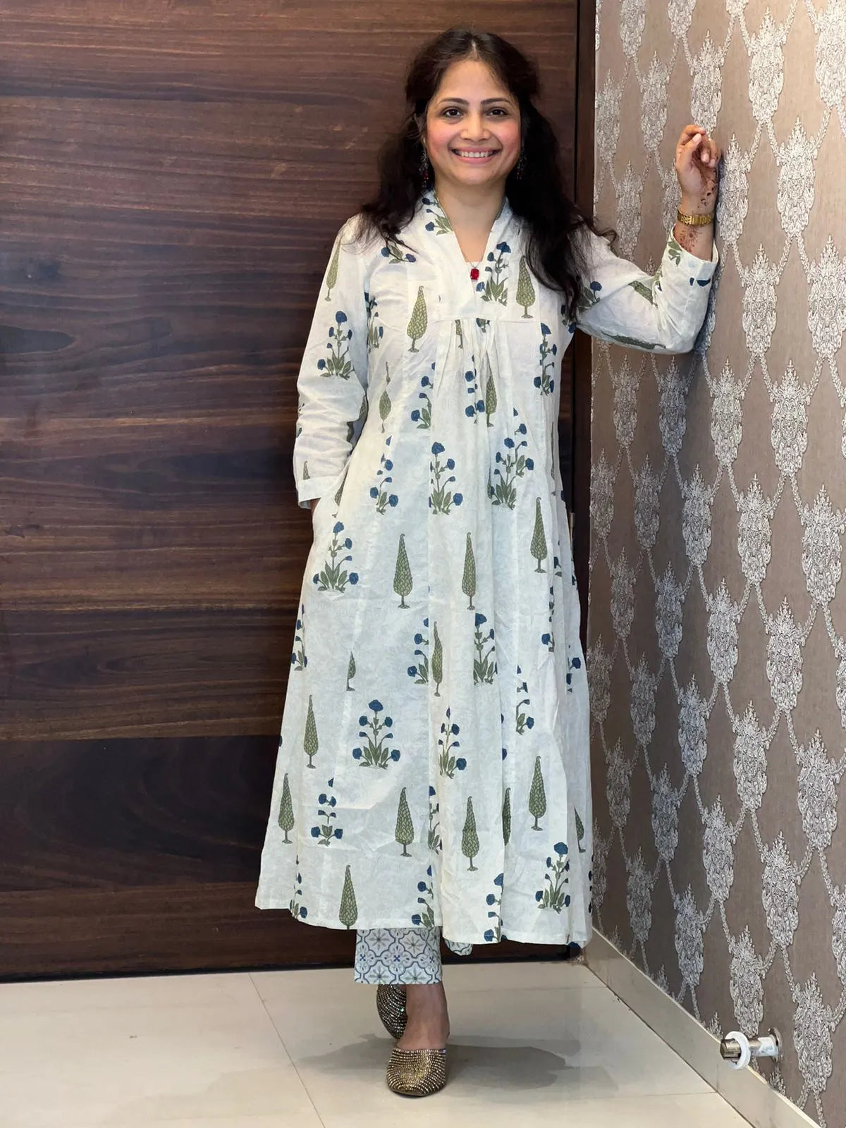 Blue Color Hand Block Printed Kurti With Pants