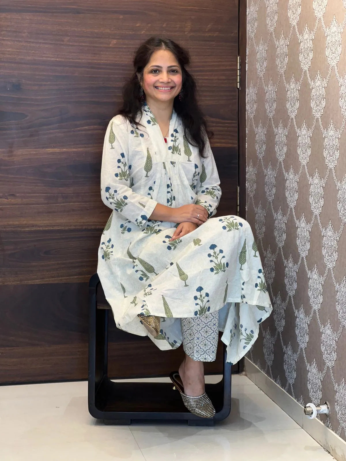 Blue Color Hand Block Printed Kurti With Pants