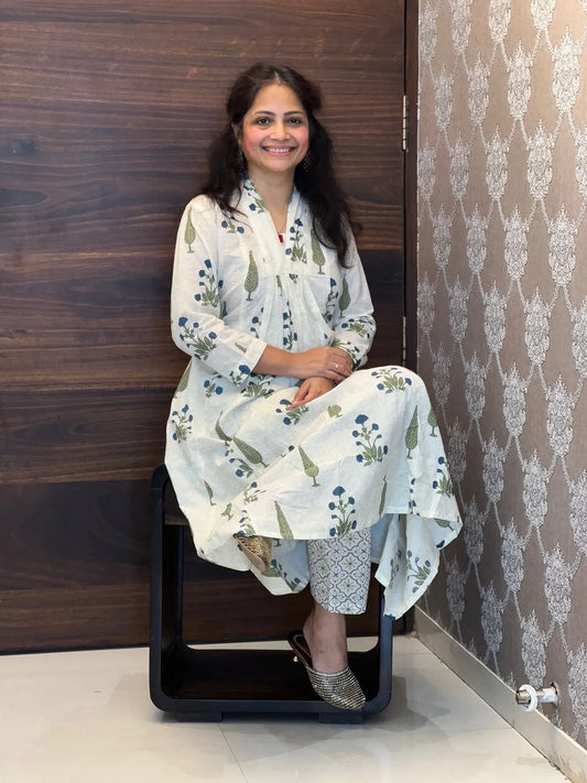 Blue Color Hand Block Printed Kurti With Pants