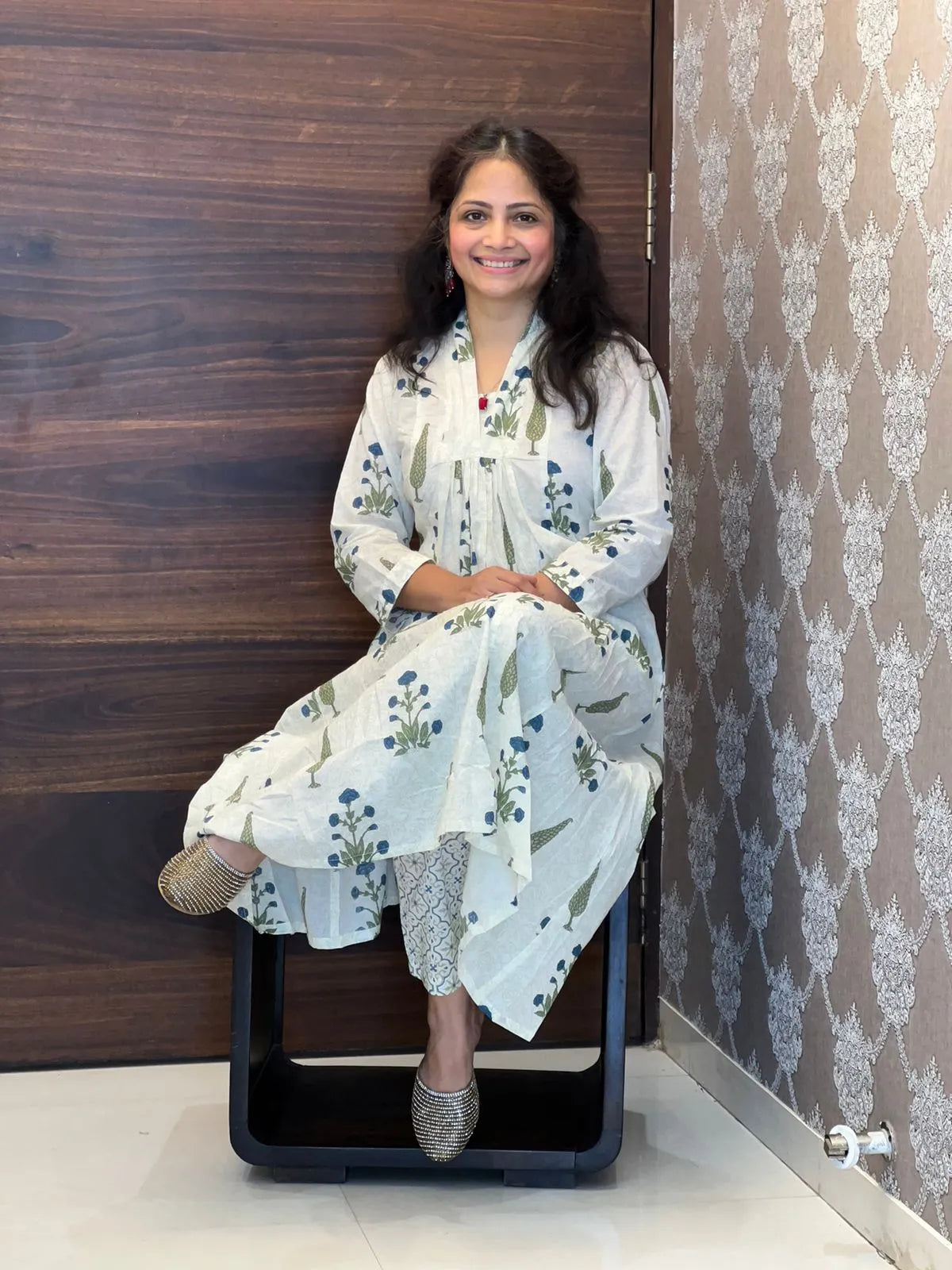 Blue Color Hand Block Printed Kurti With Pants