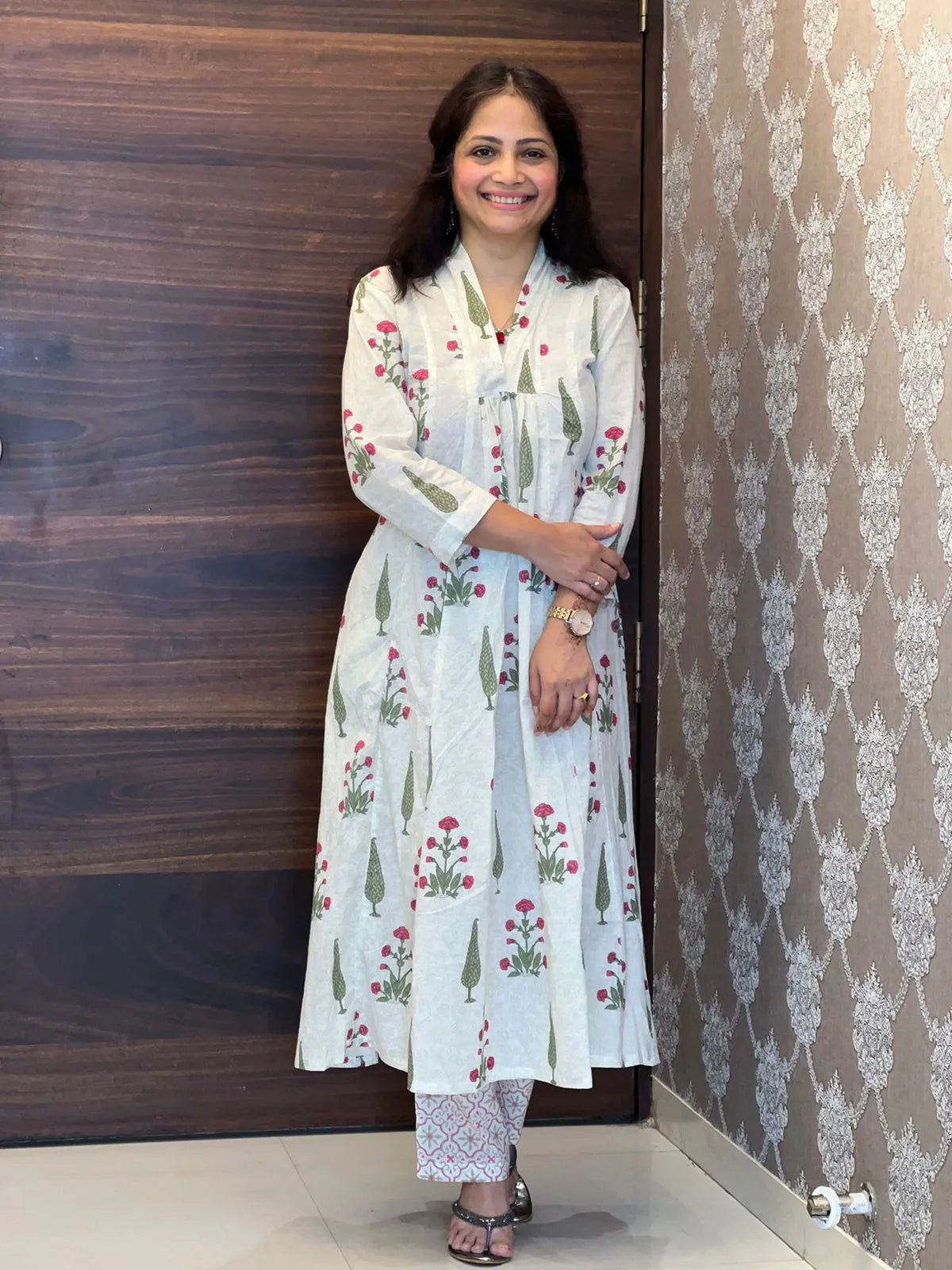 Cream-Red Color Hand Block Printed Kurti With Pants