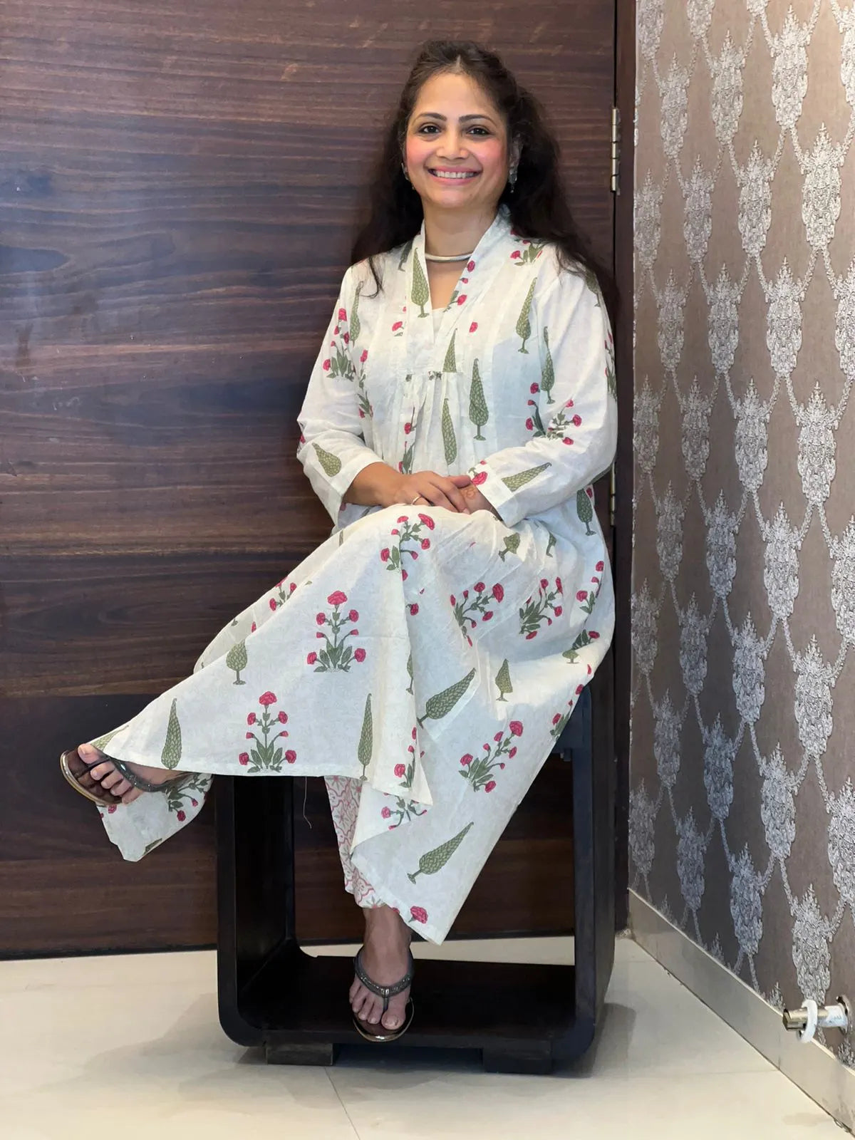 Cream-Red Color Hand Block Printed Kurti With Pants