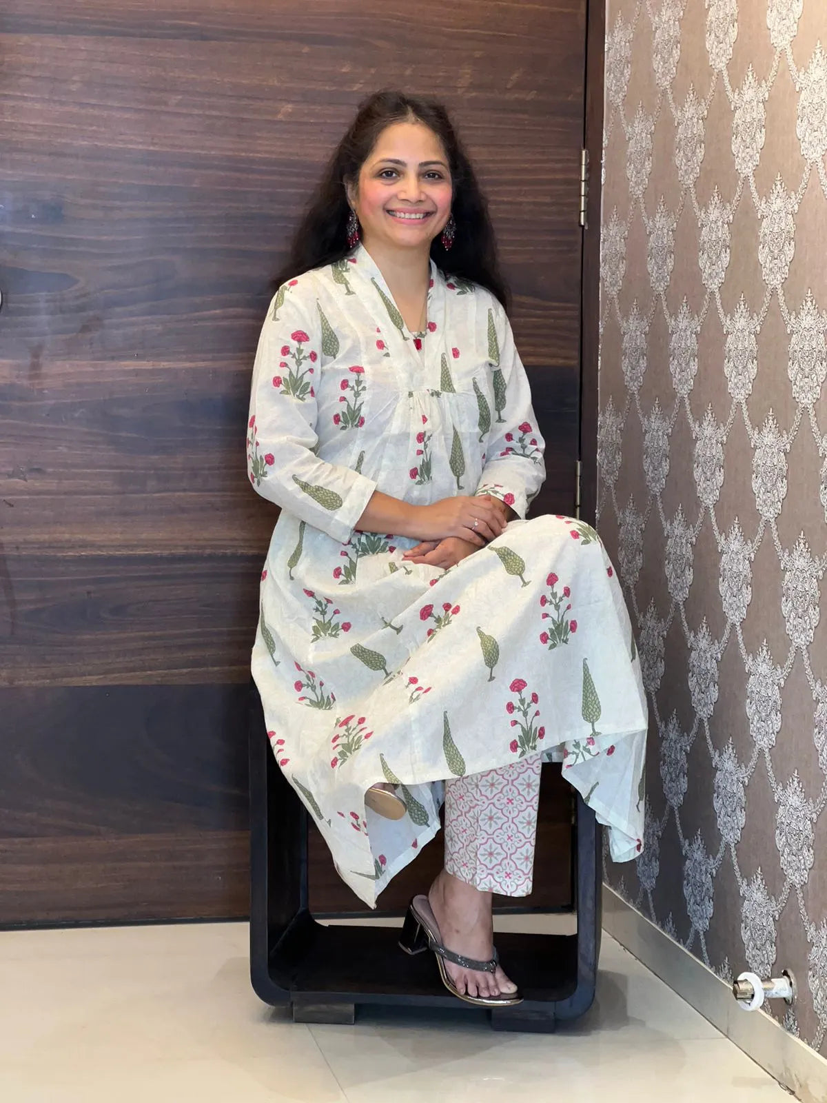 Cream-Red Color Hand Block Printed Kurti With Pants