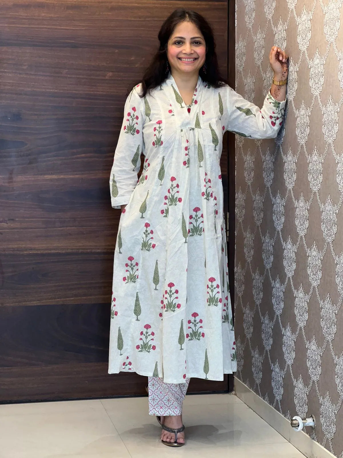 Cream-Red Color Hand Block Printed Kurti With Pants