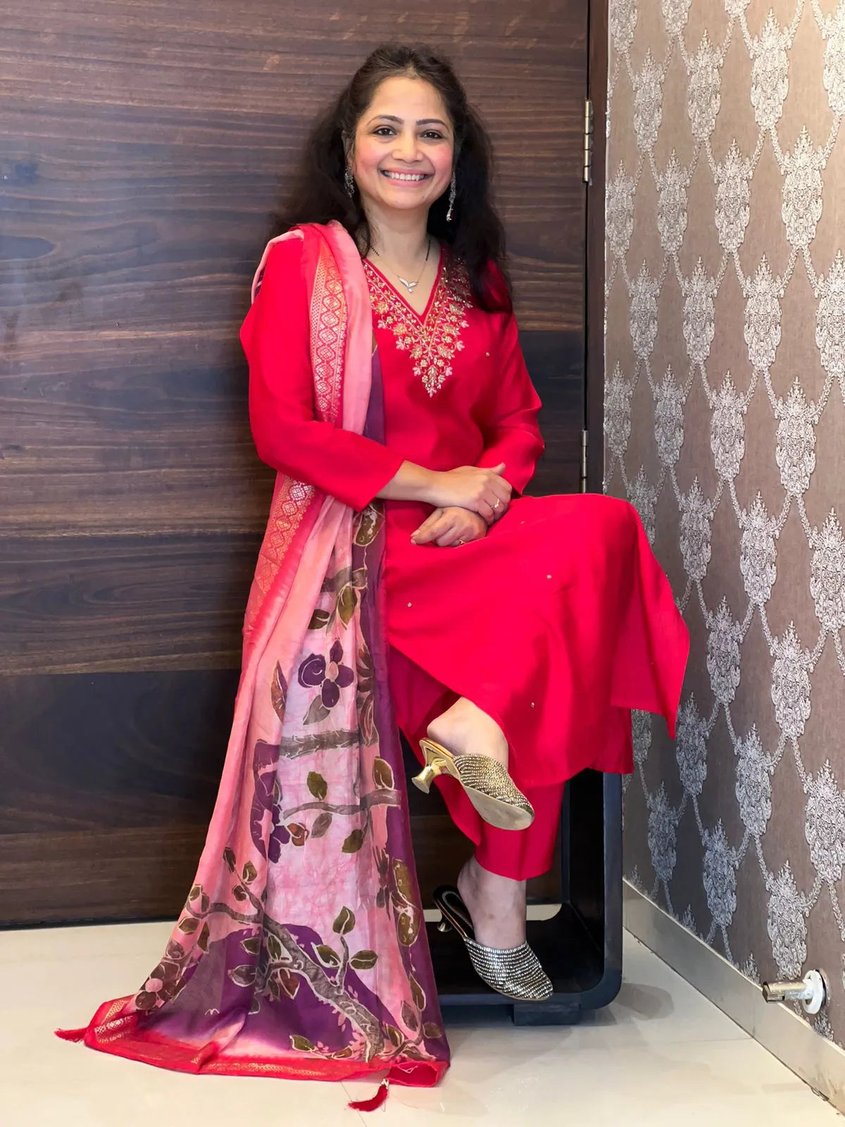 Red Color Premium Roman Silk Dupatta Set