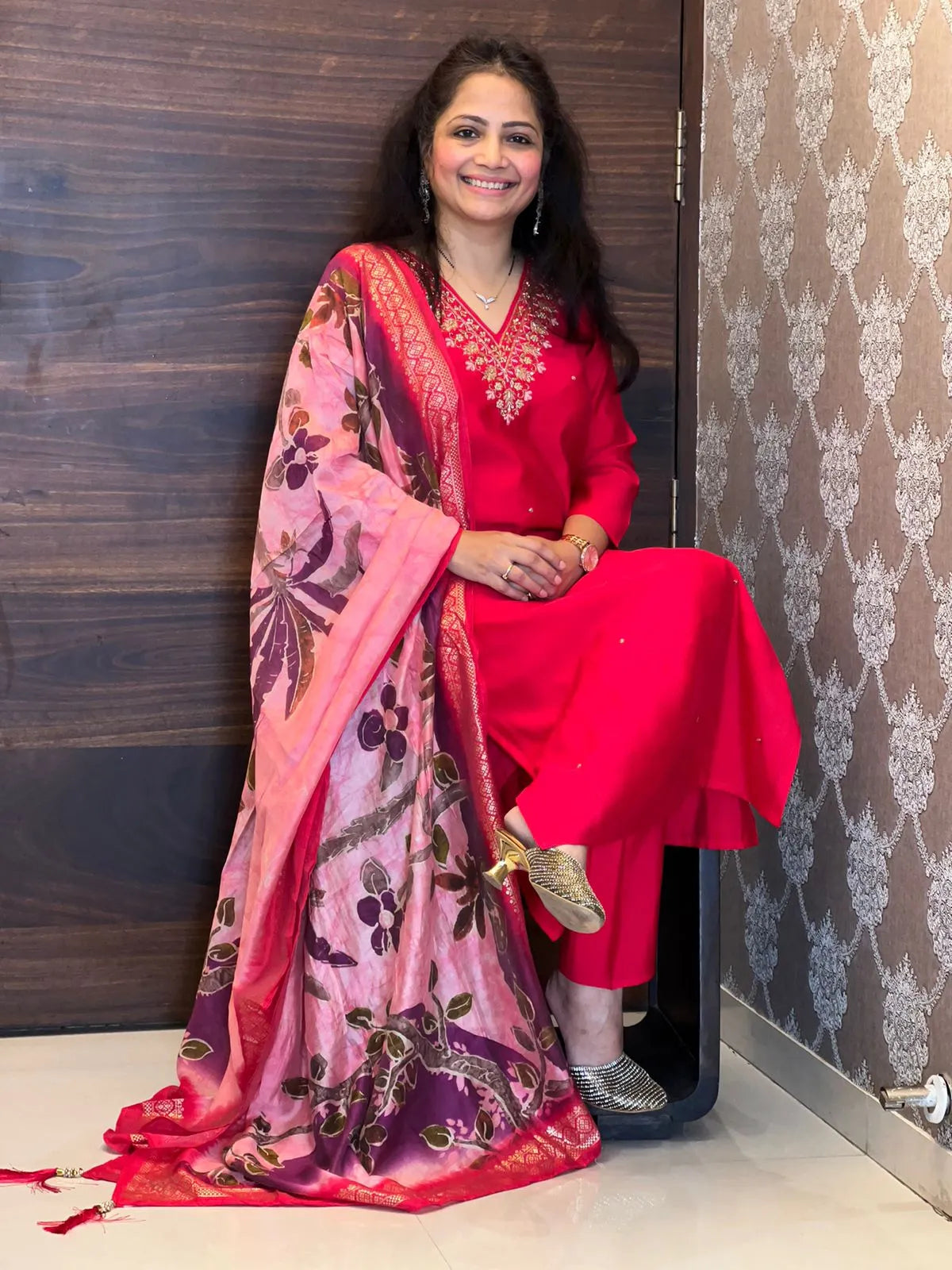 Red Color Premium Roman Silk Dupatta Set