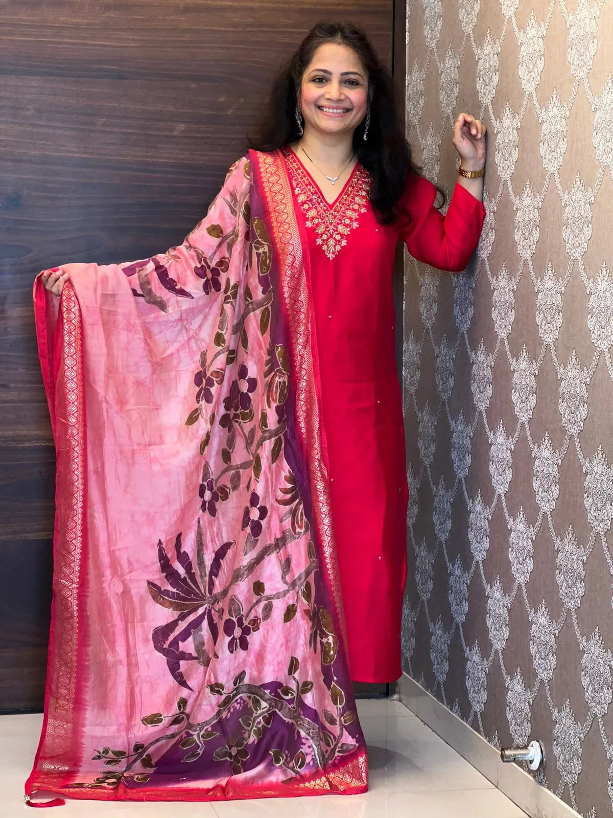 Red Color Premium Roman Silk Dupatta Set