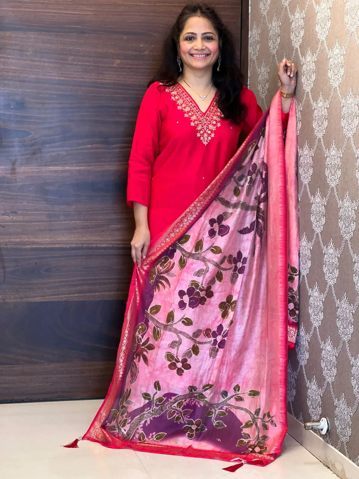 Red Color Premium Roman Silk Dupatta Set