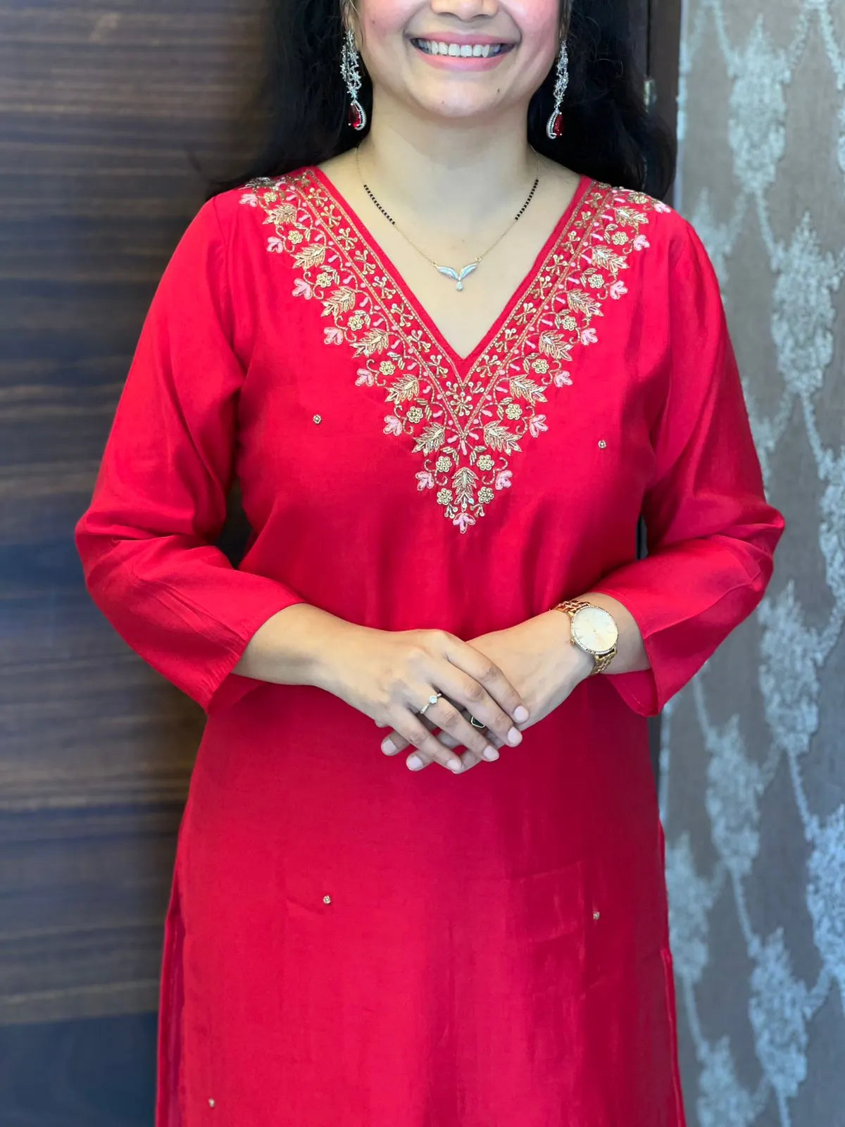 Red Color Premium Roman Silk Dupatta Set