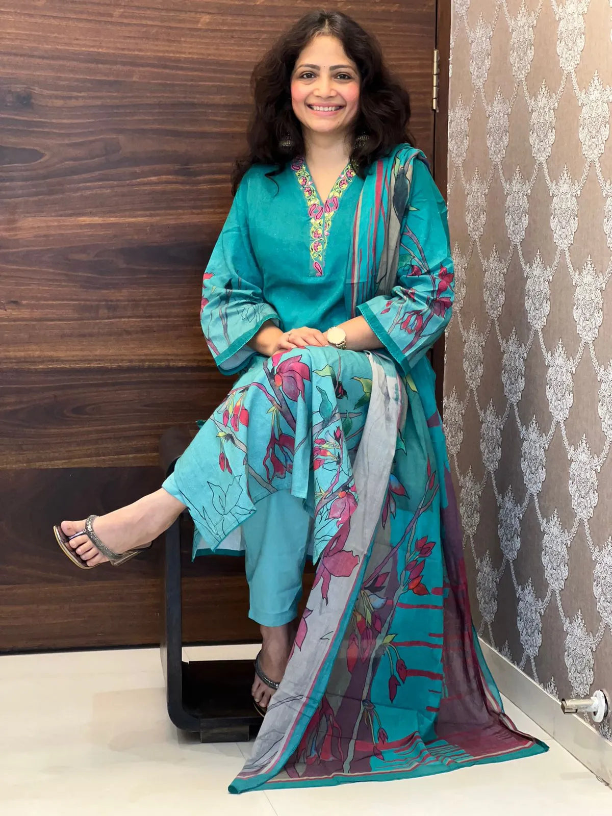 Dark-Turquoise Colour Cotton Flex Dupatta Set