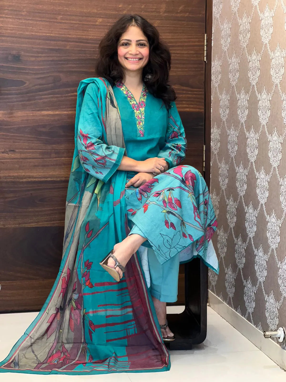 Dark-Turquoise Colour Cotton Flex Dupatta Set