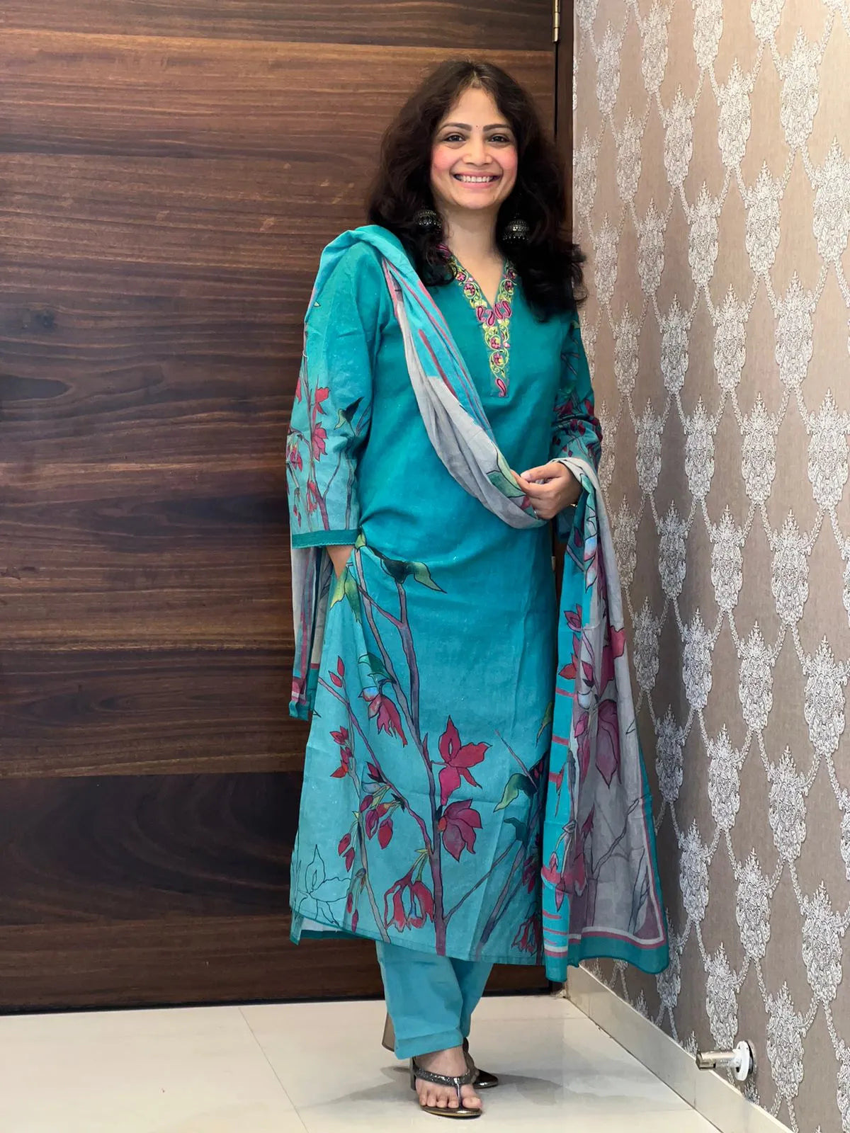 Dark-Turquoise Colour Cotton Flex Dupatta Set