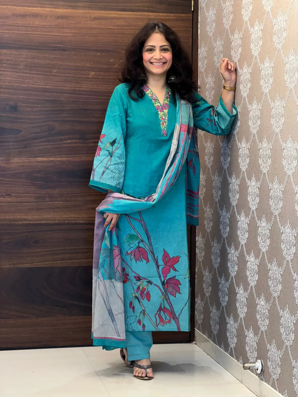 Dark-Turquoise Colour Cotton Flex Dupatta Set