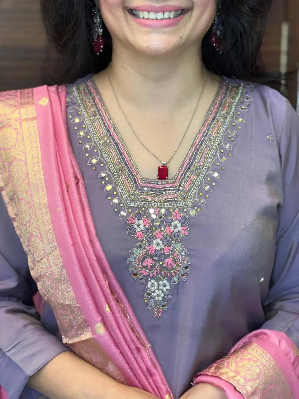 Lavendar Colour Roman Shimmer Dupatta Set