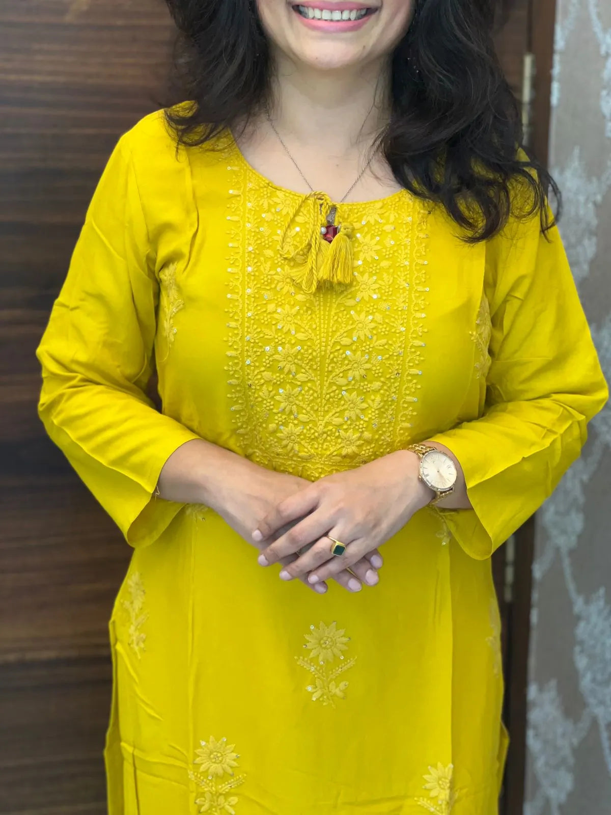 Mustard Color Tone to Tone Chikankari Kurti