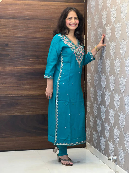 Deep Teal Color Kashmiri Embroidery Kurti