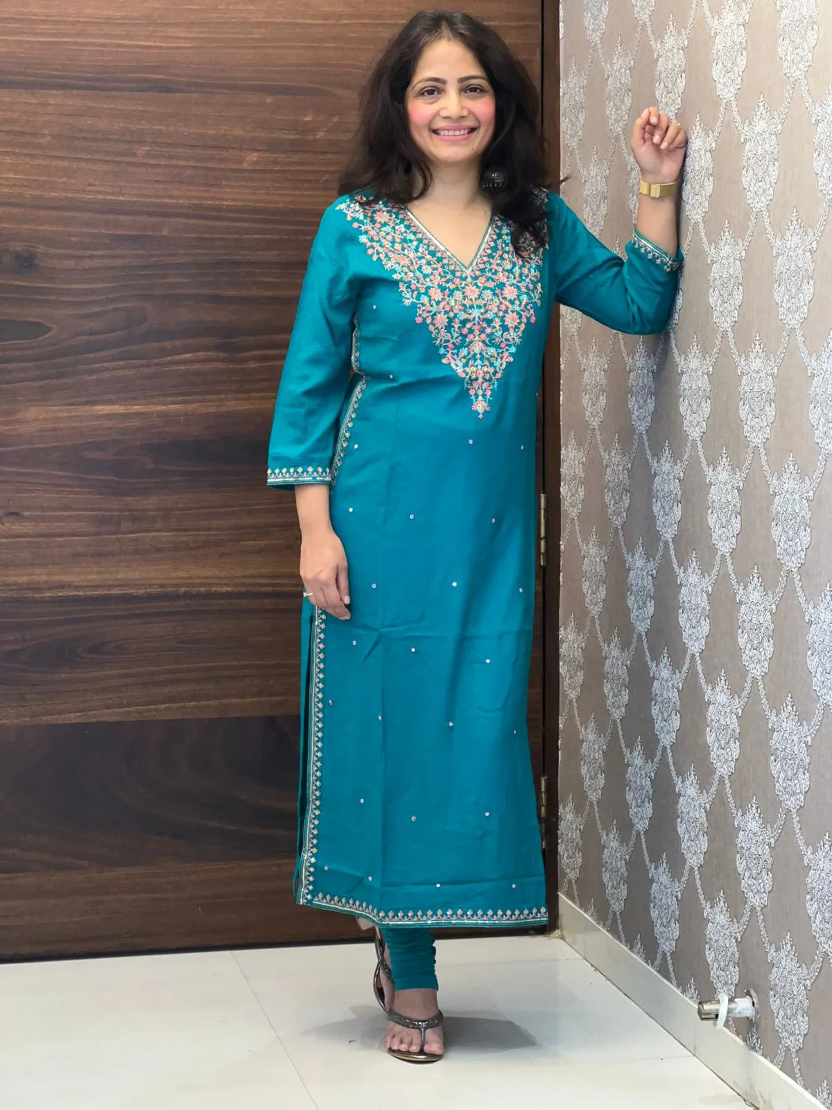Deep Teal Color Kashmiri Embroidery Kurti